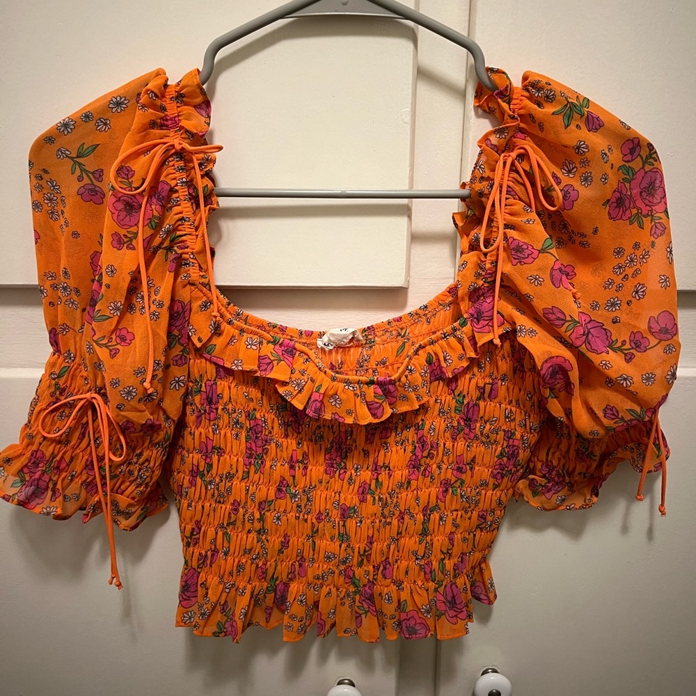 For Love and Lemons Floral Cropped Puff Sleeve Top